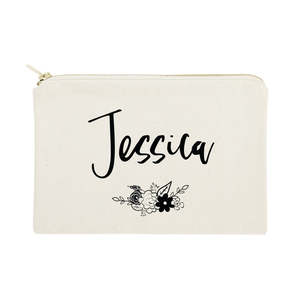 Personalized Name Cosmetic <b>Case</b> Black White Floral Travel <b>Makeup</b> Pouch Durable Portable with Open Closure Featuring Logo Pattern - Product Image 1
