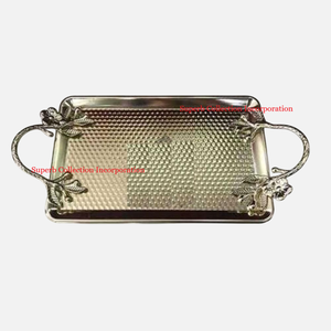 Plateau de service classique en métal argenté poignée de conception florale d'or pièce maîtresse de Table élégante cuisine utiliser plateau de service de nourriture à bas prix - Product Image 6