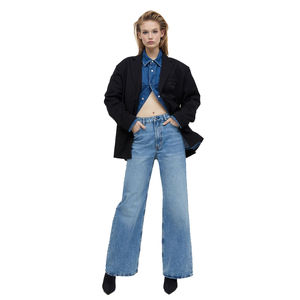 Taille haute Vintage lavé femmes droite jambe large jean classique bureau porter Denim pantalon pour femmes avec poches taille OEM - Product Image 1