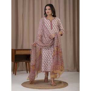 Ensemble Kurta et pantalon en coton imprimé à la main motif pêche blanche, vêtements traditionnels régionaux - Product Image 4