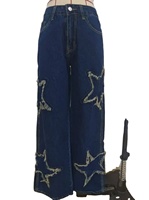 Pantalon décontracté pour femme, jean à taille haute et jambes larges, design avec étoiles, polyester et coton, séchage rapide