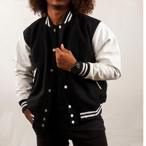 แจ็กเก็ตขนสัตว์สีดำทรงสลิมฟิตวินเทจปกตั้งและแขนหนังบุด้วยเพชรสำหรับมหาวิทยาลัย - Product Image 3