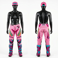 Pantalon de motocross pour femme, tissu extensible premium en polyester et élasthanne, design à panneaux rose et turquoise, logo personnalisé par sublimation, pantalon de moto