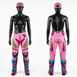 Pantalon de motocross pour femme, tissu extensible premium en polyester et élasthanne, design à panneaux rose et turquoise, logo personnalisé par sublimation, pantalon de moto - Product Image 1