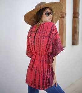 เสื้อคาฟตันคอวีสำหรับผู้หญิงผ้าเรยอนยาวถึงเข่าสำหรับวันหยุดยาวครึ่งแขนมัดย้อมผ้าคาฟตันลำลองสำหรับผู้หญิง - Product Image 3