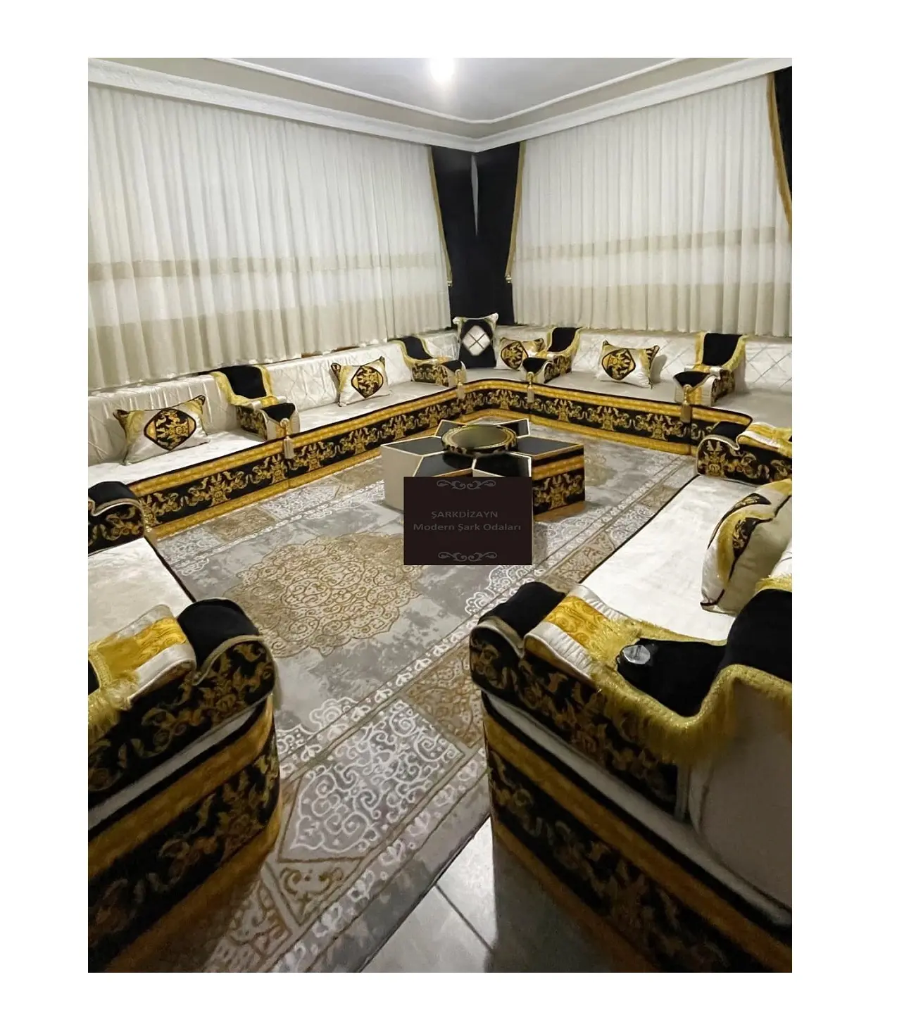 Majlis Majlis ภาษาอาหรับโมร็อกโกดีไซน์ | นั่งสูง40ซม. | โซฟา + พรมขนสัตว์ + ม่าน + ชุดโต๊ะเต็ม