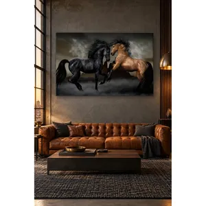 Impression sur toile de chevaux noirs et bruns de la race Fida dans un champ brumeux - Product Image 2