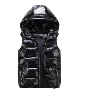 Chaleco acolchado brillante sin mangas de invierno, chaqueta con logotipo personalizado, chalecos impermeables de burbujas brillantes para hombre con capucha - Product Image 5