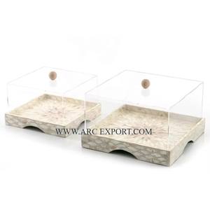 Wedding <b>Cake</b> Server Ware <b>Stand</b> Table Decoration Display <b>Cake</b> Organizer Mother of Pearl Work Square Shape <b>Cake</b> <b>Stand</b> <b>With</b> <b>Lid</b> - Product Image 2