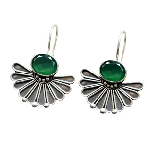 Usine indienne vente fabrication de bijoux Vintage oxydé vert onyx pierre précieuse 925 argent Sterling fleur concepteur crochet boucle d'oreille