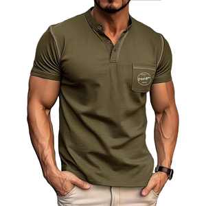 T-shirts pour hommes de haute qualité | T-shirt décontracté uni à col rond et boutons | T-shirt en coton doux avec logo personnalisé OEM pour hommes - Product Image 6