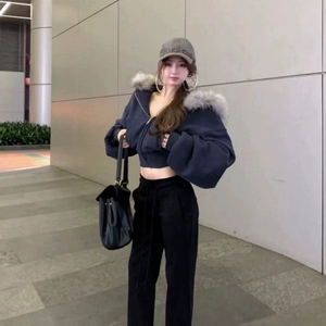 Nouveau sweat-shirt à capuche de style américain, veste zippée, design court d'hiver, haut de vêtement d'extérieur, col rond, style de banlieue, peau de mouton, coton - Product Image 6