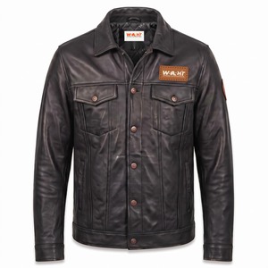 Veste en cuir véritable personnalisée pour homme, style trucker, avec patch en cuir de vachette, couleur noir anthracite - Product Image 1