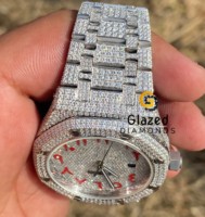 Montre de luxe pour homme en acier inoxydable avec diamants moissanite taille brillant rond, cadran en verre, mouvement mécanique, date automatique