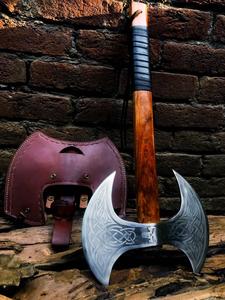 Hacha Tomahawk de doble cabeza de vikingos hecha a mano, herramienta de división de grado Industrial de acero de alto carbono con Funda de cuero a la venta - Product Image 3