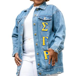 Veste en jean Boyfriend Fit SGRHO avec broderie Veste en jean en coton durable pour la mode Streetwear et sororité - Product Image 2