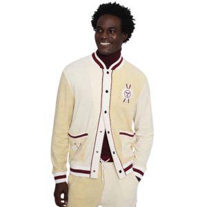 Veste Yellow Apres Ski Cabana en éponge de coton biologique avec côtes à rayures universitaires et broderie sur le thème du ski personnalisée - Product Image 4