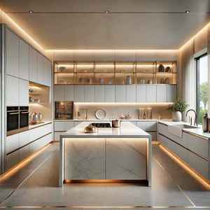 Cuisine modulaire sombre de luxe avec grand îlot central, comptoir, appareils électroménagers intégrés et éclairage haut de gamme, design moderne pour la maison - Product Image 6