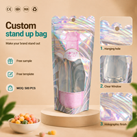 Sachet refermable transparent personnalisé avec fenêtre holographique et couche métallisée pour l'emballage de snacks