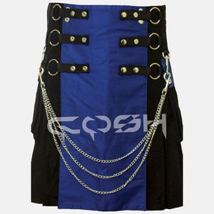 กระโปรงสั้นแนวพังค์แนวพังค์สำหรับผู้ชายพร้อมโซ่โลหะกระโปรงสั้นสไตล์โกธิคสีดำและน้ำเงินพร้อมฮาร์ดแวร์โครเมี่ยม - Product Image 1