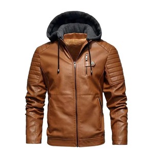 Chaqueta con capucha de lona a la moda para hombre Otoño Invierno nueva marca fina de piel sintética prendas de vestir elegante estampado bolsillos con cremallera motocicleta - Product Image 1