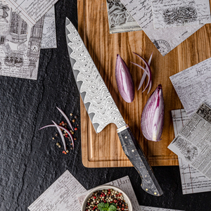 มีดเชฟเหล็กดามัสกัสคุณภาพสูงระดับพรีเมียม พรีเมียม พรีสทีจ แบลดส์  ด้ามคาร์บอนไฟเบอร์เคลือบทองคำ  แบบใช้ได้ทั้งมือซ้ายและขวา  รับผลิตตามสั่งขายส่ง - Product Image 2