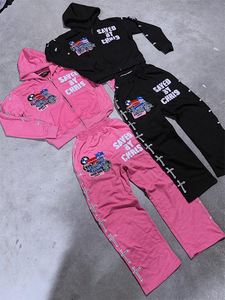 Conjunto de pantalones de chándal con cremallera y bordado estampado desgastado personalizado, ropa de calle para hombre, chándal con diamantes de imitación, lavado ácido desteñido por el sol - Product Image 5