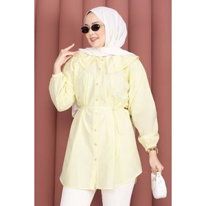 Double Collar Modest <b>Tops</b> Yellow Hijab Shirt with Drawstring Waist - Product Image 2