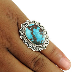 2024 Usine bijoux personnalisés 925 Sterling Silver Natural Turquoise Gemstone Forme ovale Artisan Look Ring Prix de gros fournisseur - Product Image 2