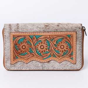 Fait à la main Vintage Lady Wallet Style Bohème véritable peau de vache vieilli en cuir gland simple sangle fermeture à glissière fentes pour cartes de paiement - Product Image 1