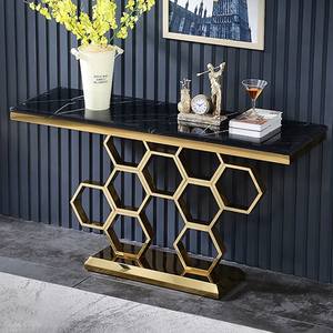 Elegante consola dorada con base metálica curva única. Estilo sofisticado para tu hogar. Disponible a precios de mayorista. - Product Image 5
