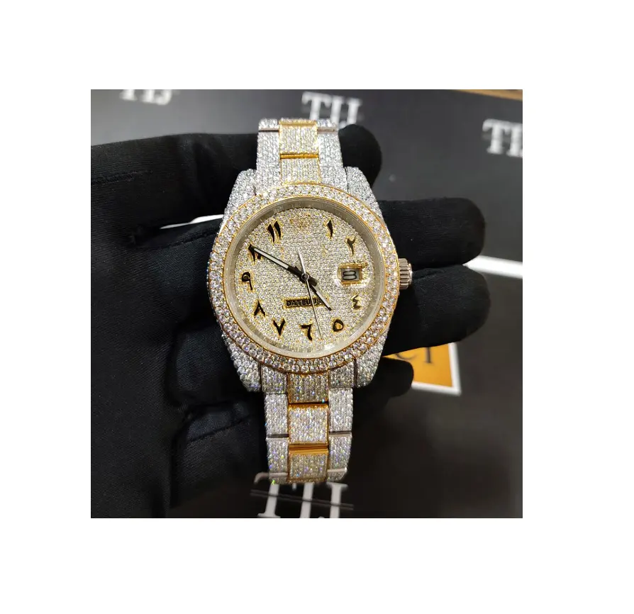 Lujo hecho a mano de alta calidad marca automática ajuste banda Iced Unisex plata esterlina joyería fina Moissanite diamante reloj