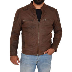 Veste en cuir véritable matelassée avec doublure en viscose, fermeture éclair, marron, coupe-vent, col montant, personnalisable avec logo, pour hommes, vente en gros - Product Image 4