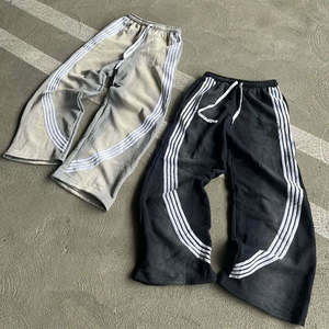 Pantalon de survêtement unisexe en toile de coton brodée, vintage, délavé à l'acide, respirant, écologique, coupe évasée pour homme, style streetwear, rayé - Product Image 5