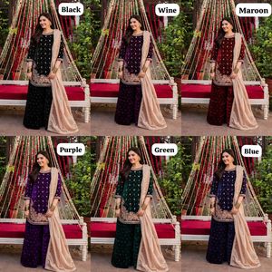 Conjunto Sharara de Terciopelo Hermoso y Elegante de la India y Pakistán, Traje Étnico Pesado, Conjunto Sharara para Fiestas y Bodas para Mujer - Product Image 1