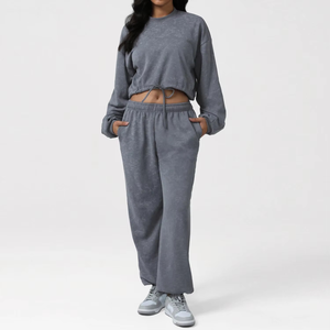 เสื้อครอปโอเวอร์ไซส์ผ้าฟลีซพิมพ์ลายหินอ่อนสีเทาสำหรับผู้หญิง ใส่ได้ทั้งฤดูใบไม้ร่วงและฤดูหนาว ระบายอากาศได้ดี กางเกงขายาวทรงกว้าง เหมาะสำหรับออกกำลังกาย โยคะ ชุดลำลอง ไซส์พลัส - Product Image 6