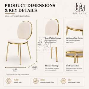 Chaise de salle à manger de mariage en acier inoxydable doré avec dossier carré arrondi et coussin blanc pour banquets d'hôtel - Vente en gros - Product Image 4