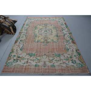 Tapis Turc Vintage 5.7 X 9.2ft Orange Vert Patchwork Design Laine Tissage Plat Technique Latex pour Décorations de Salon - Product Image 1