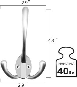 Heavy-Duty Wall Mounted Three Prong Coat <b>Hook</b> 24 Screw Double <b>Hooks</b> for Big Clothing Items Two Types Product <b>Rails</b> - Product Image 3