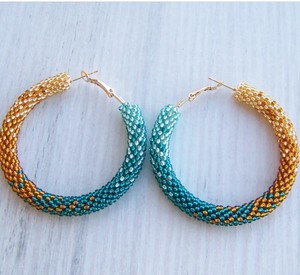 Ombre Style Hoop <b>Earrings</b>, Beaded Colorful Gold Emerald Hoops Quality Emerald <b>Green</b> Beaded Tassel <b>Earrings</b> - Product Image 2