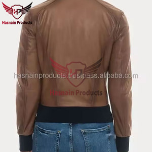 <b>Womens</b> Real Brown Leather <b>Jacket</b> Black Ribbed Collar Sheepskin Contrast Hem <b>Zip</b> <b>Up</b> Bomber Coat Custom Winter Warm Outerwear - Product Image 5
