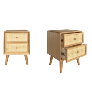 Mesita de noche de madera maciza de roble y caña, 2 cajones, carpintería de cola de Milano, mesita de noche de madera, proveedor de garantía comercial OEM/ODM - Product Image 2