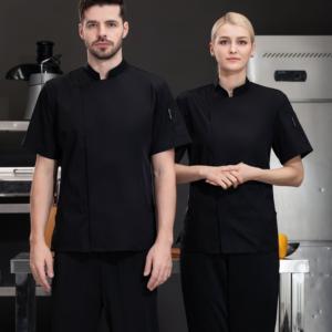 OEM Logo personalizzato Unisex manica corta giacca <span class=keywords><strong>da</strong></span> <span class=keywords><strong>cuoco</strong></span> <span class=keywords><strong>da</strong></span> <span class=keywords><strong>donna</strong></span> cucina Hotel ristorante Bar cottura caffè uniforme intrecciata - Product Image 3