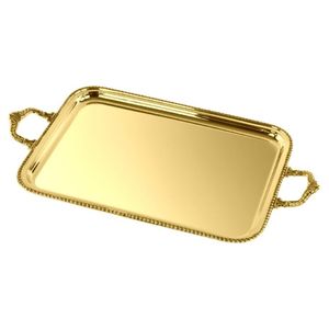 Plateau de service rectangulaire de luxe en or avec poignées, plateau décoratif en métal orné de perles pour table basse, mariage et restauration hôtelière - Product Image 2