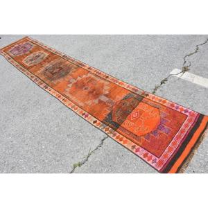 2.5x13.6 ft <b>Runner</b> Turkish <b>Rug</b>, Orange Floral Vintage <b>Rug</b> - Product Image 4