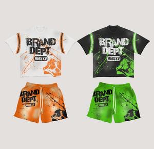 Imprimé personnalisé hommes lavage à l'acide manches courtes t-shirt/vintage streetwear brut ourlet coupe streetwear shorts ensembles pour l'été - Product Image 1