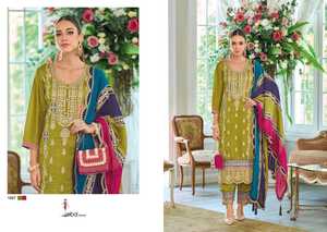 Nuevo 2024 último diseñador estilo moderno alto en demanda Chinon Salwar Suit & Dupatta con bordado trabajo Fabricación de India - Product Image 4