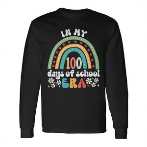 In My 100 Days of School Era-Retro Groovy Rainbow T-shirt a maniche lunghe T-shirt promozionale per il 100° giorno di scuola - Product Image 2