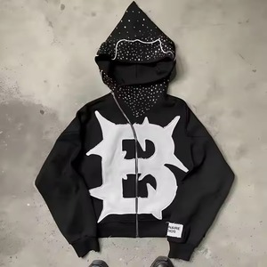 Sudadera con capucha y cremallera personalizada para hombre, sudaderas con apliques de diseño Y2K con diamantes de imitación bordados de algodón 100% de peso pesado - Product Image 3
