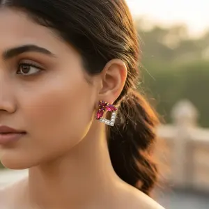 Boucles d'oreilles clous en rubis et diamant pour femmes, plaquées or et or rose 14 carats, bijoux vintage tendance avec pierre principale en zircon, or 14 carats - Product Image 2